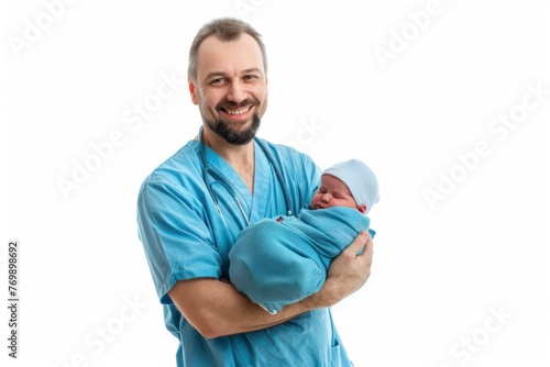 Pediatrician doctor holding a newborn baby in hospital, concept of childbirth and healthcare professionals