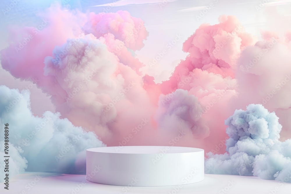 Close up white display podium for luxury product banners in dreamy pastel color clouds - obrazy, fototapety, plakaty 