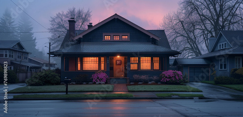 Dawn's pink light softly illuminating a charcoal Craftsman style house, suburban streets deserted and calm, a new day beginning with quiet beauty