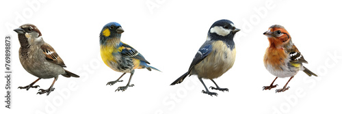 Set of the most common European birds isolated on transparent background