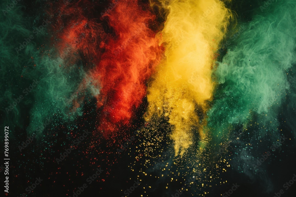 Colored powder explosion. Explosive splash red, yellow, green color powder dusk on black background