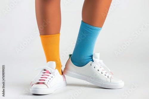 Child wearing different pair of socks and white sneakers Isolated on solid white background