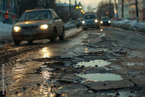 Car drives on very poor quality street with potholes in evening. Old damaged asphalt pavement road with potholes in city