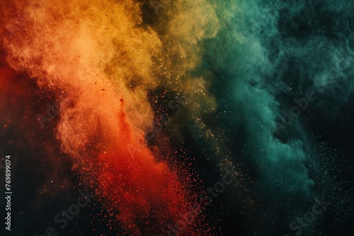 Colored powder explosion. Explosive splash red, yellow, green color powder dusk on black background © Igor