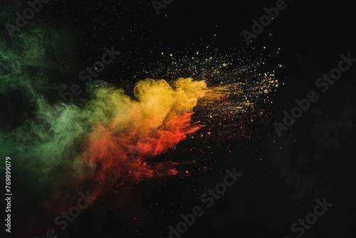 Colored powder explosion. Explosive splash red, yellow, green color powder dusk on black background