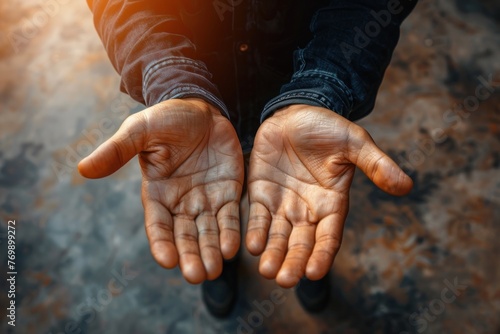 Human hands open palm up worship with faith in religion and belief in God photo