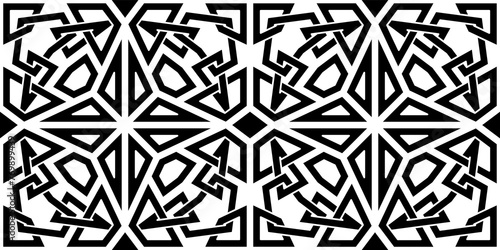 Seamless Islamic geometric pattern, a new and unique design in a modern and creative way, Moroccan ornament, Arabic drawings and decorations, black and white photo