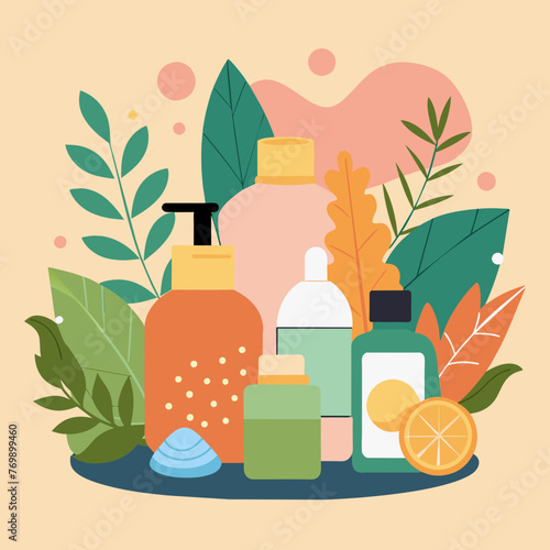 Showcasing a variety of skincare products arranged artfully against a backdrop of natural elements like leaves and stones, highlighting their organic and rejuvenating properties