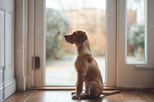 Puppy dog patiently sitting by front door, eagerly awaiting an outing with their owner