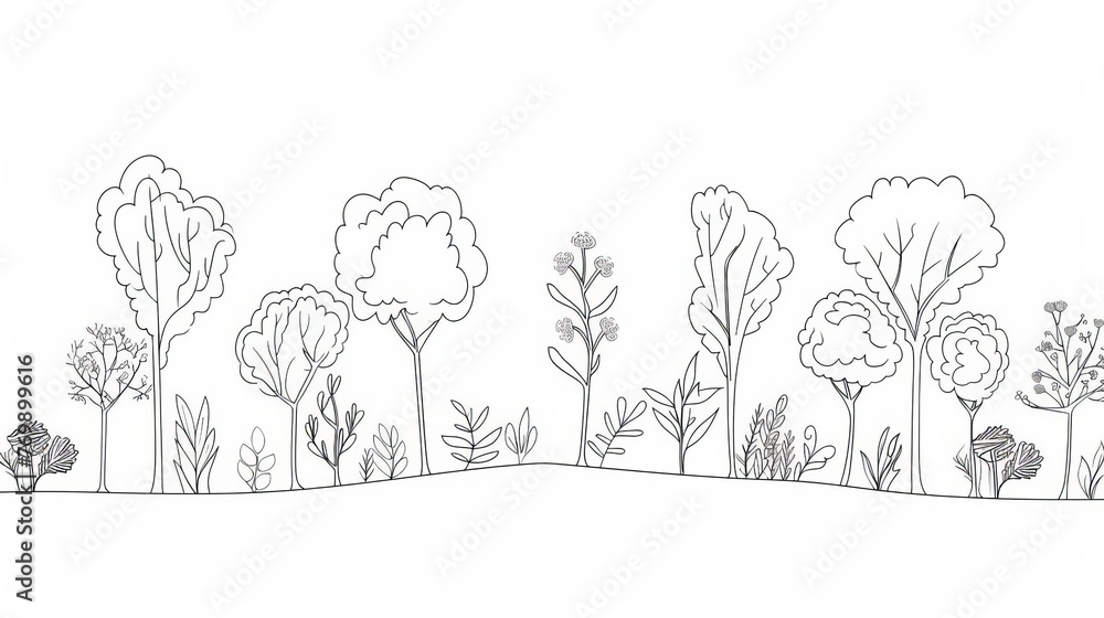 custom made wallpaper toronto digitalContinuous one-line drawing of trees and plants forming a forest, symbolizing ecology, nature, and the environment, vector illustration