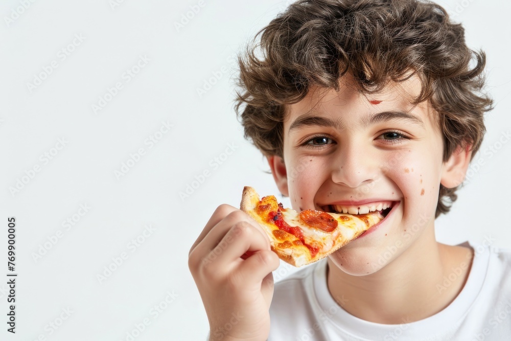 Happy teenager enjoys eating delicious slice of pizza