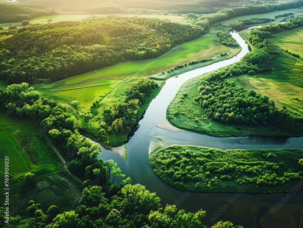 A river with a green forest on both sides. The river is wide and deep, and the trees are lush and green. Concept of tranquility and natural beauty