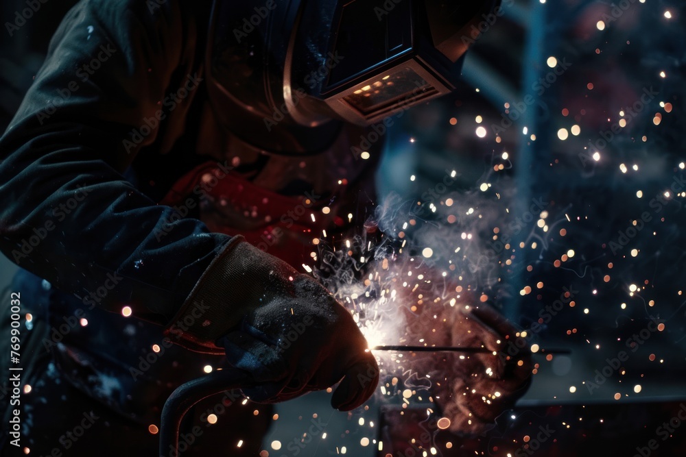 Metal welder working with arc welding machine to weld steel at factory Metal welder working with arc welding machine to weld steel at factory