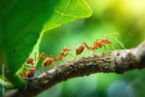 ants in forest carry leaves on a branch