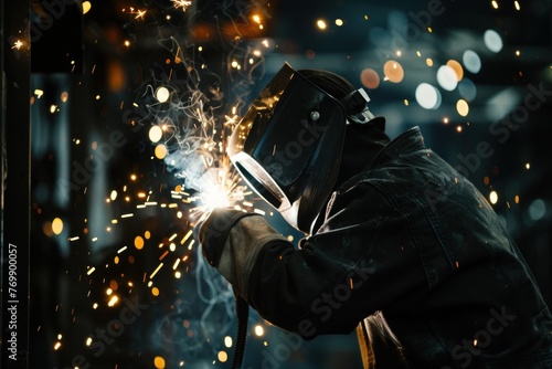 Metal welder working with arc welding machine to weld steel at factory