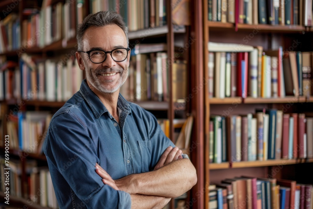 happy smiling handsome middle aged man lecturer preparing to lesson on library bookshelf happy smiling handsome middle aged man lecturer preparing to lesson on library bookshelf