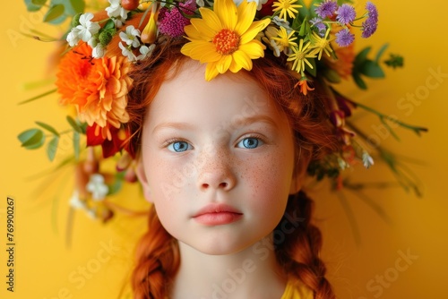 attractive redhead little girl model symbolizing spring with blooming flowers