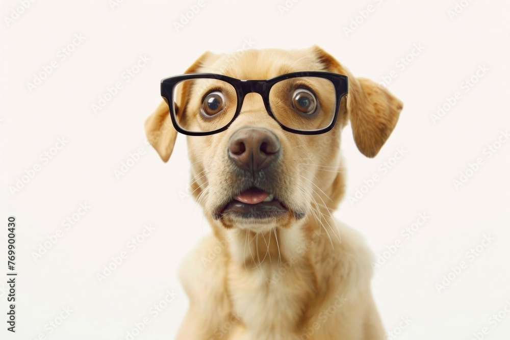 Shocked cute dog in glasses with surprised eyes on white background
