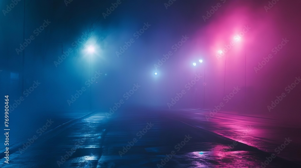 Dark Misty Street with Neon Lights and Spotlights, Atmospheric Night Scene, Abstract Photography