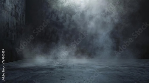 Dark empty studio room with concrete walls and smoke, abstract background for product display, 3D rendering photo
