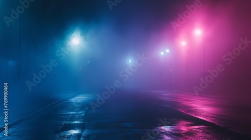 Dark Misty Street with Neon Lights and Spotlights, Atmospheric Night Scene, Abstract Photography © Bijac