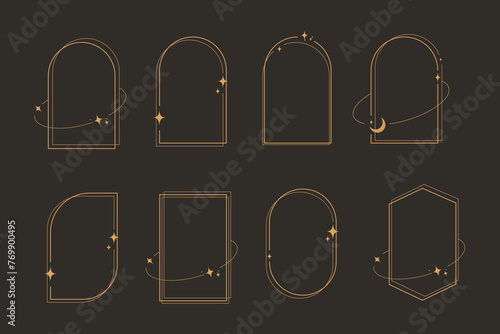 Modern minimalist aesthetic line elements, trendy linear frames with stars, geometric forms. Arch frame with sparkles for social media or poster design, simple decorative boho style border vector set