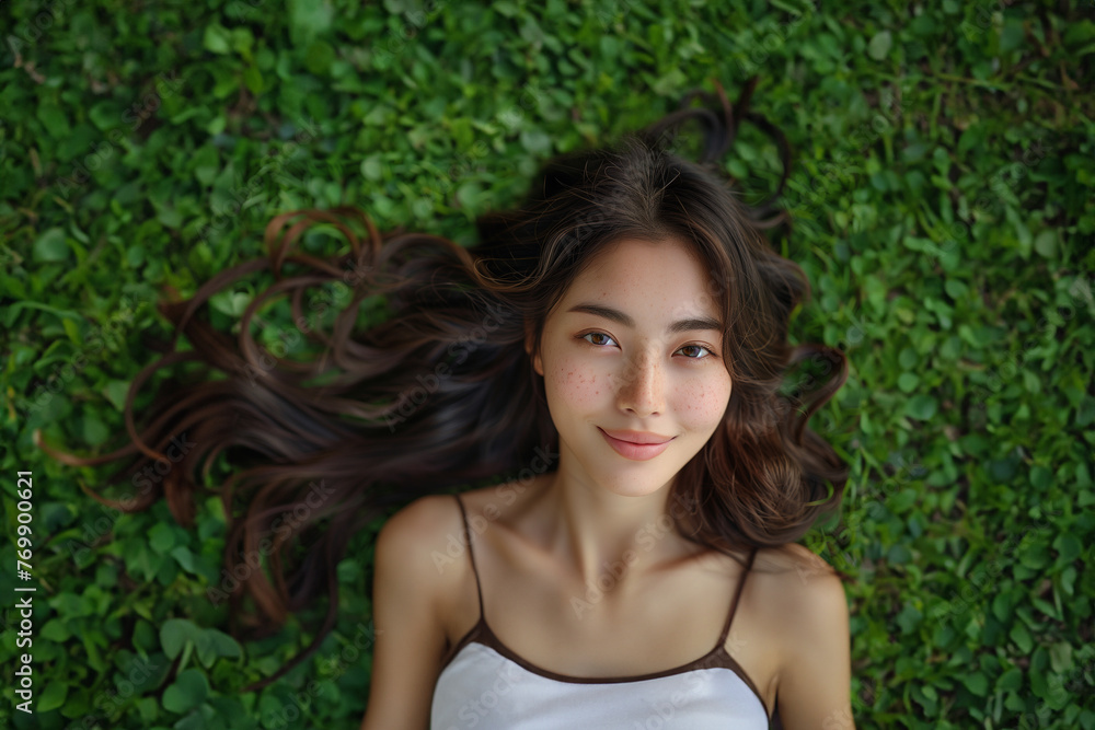 Beautiful young Asian Chinese woman with very long volume shine natural healthy hair smiling lying on grass field on nature background top view hair products concept Beautiful young Asian Chinese woman with very long volume shine natural healthy hair smiling lying on grass field on nature background top view hair products concept