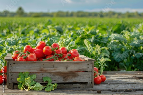 wooden box with fresh vegetables on field farm background