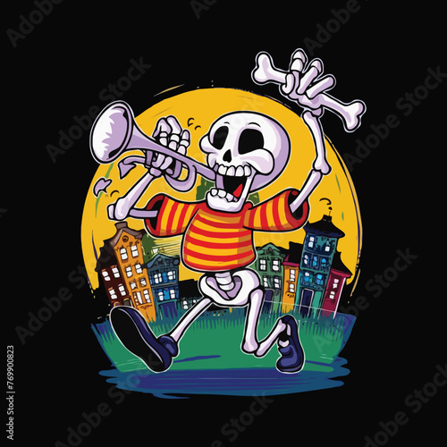 Cartoon illustration of a skeleton standing in front of a house.