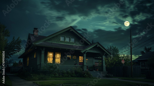 Night's embrace, a dark green Craftsman style house standing serene in the hushed suburban landscape, lit softly by the moon's glow, tranquil and undisturbed