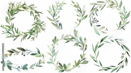 Delicate watercolor set of frames and wreaths featuring olive branches, perfect for invitations, cards, and home decor