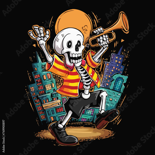 Cartoon illustration of a skeleton standing in front of a house.