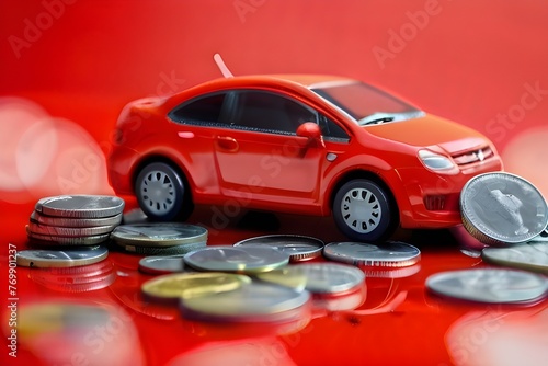 Red car with coins, car tax and financing, car insurance and car loans, concept of saving money on buying a car at a car dealership.