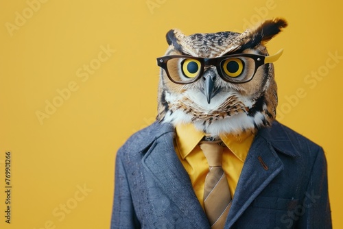 Cool looking owl bird wearing funky fashion dress - jacket  shirt  tie  glasses