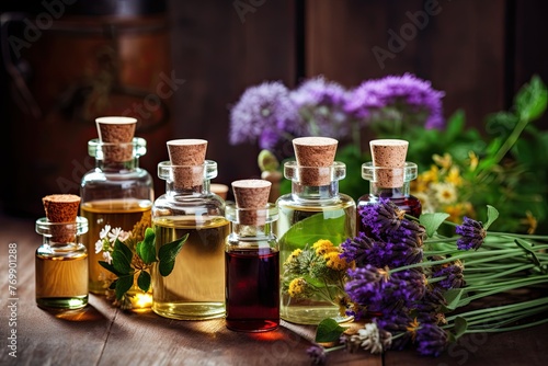 Essential Oils concept, essential oils and medical flowers herbs - aromatherapy, bottle, essential flowers and herbs,