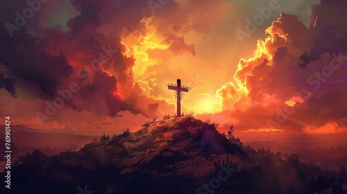 Dramatic Calvary scene with illuminated cross, robe and crown of thorns on a hill at sunset, digital painting
