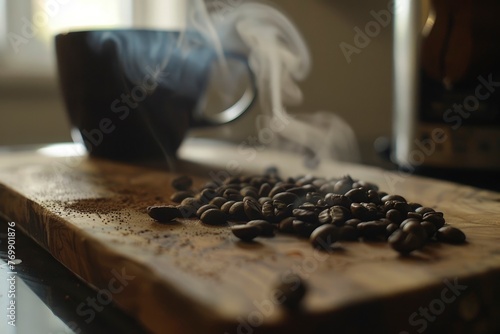 A wooden board with coffee beans on it and a cup of coffee next to it. Concept of warmth and comfort