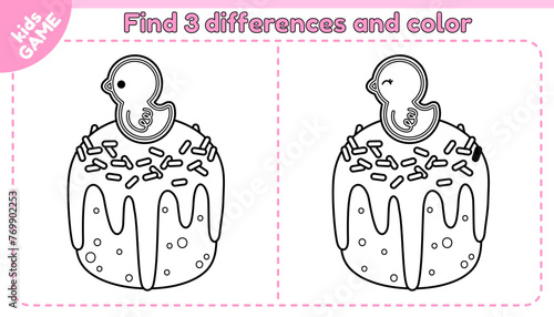 Kids game Find the 3 differences with cartoon Easter cake. Spot the differences. Educational riddle for children. Traditional spring holiday baking with gingerbread chick. Vector outline design.