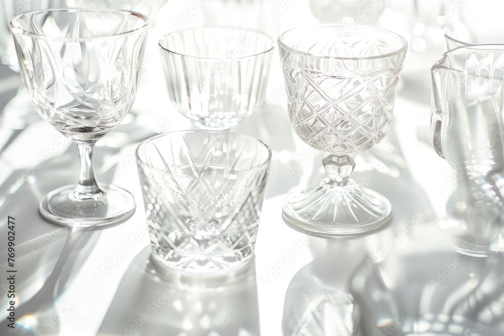 A collection of glassware, including wine glasses and shot glasses, are arranged on a table. The table is white, and the glassware is all clear. Scene is elegant and sophisticated A collection of glassware, including wine glasses and shot glasses, are arranged on a table. The table is white, and the glassware is all clear. Scene is elegant and sophisticated
