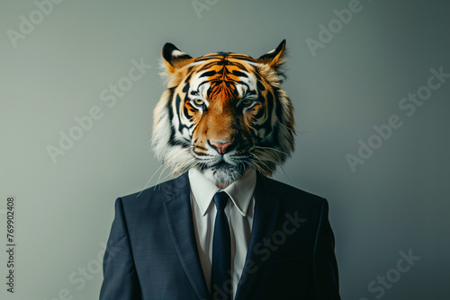 Businessman with the head of a tiger wearing a suit