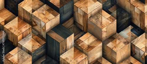 Abstract geometric pattern of wooden isometric cubes.