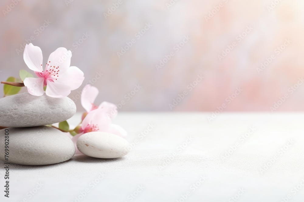 Spa concept with smooth stones and flowers on light background. Copy space
