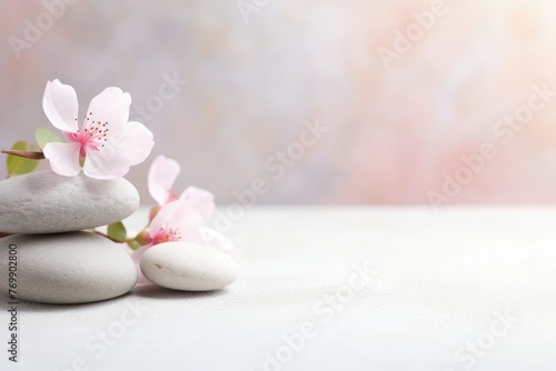 Spa concept with smooth stones and flowers on light background. Copy space