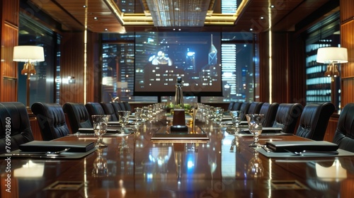 Sophisticated boardroom with mahogany table, leather chairs, soft lights, and city views, perfect for strategic business meetings