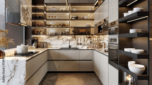 Modern Luxury Kitchen with Marble Countertops and Island