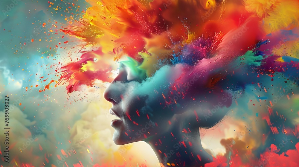 Explosion of colors from artist's head, creative inspiration concept illustration - obrazy, fototapety, plakaty 