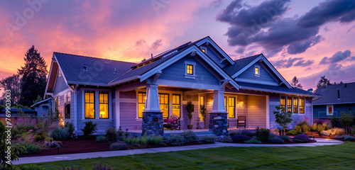 The serene hues of dusk enveloping a pastel violet Craftsman style house, suburban calm as the evening settles in, sky blending colors of the sunset
