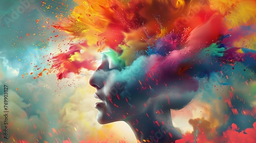Explosion of colors from artist's head, creative inspiration concept illustration