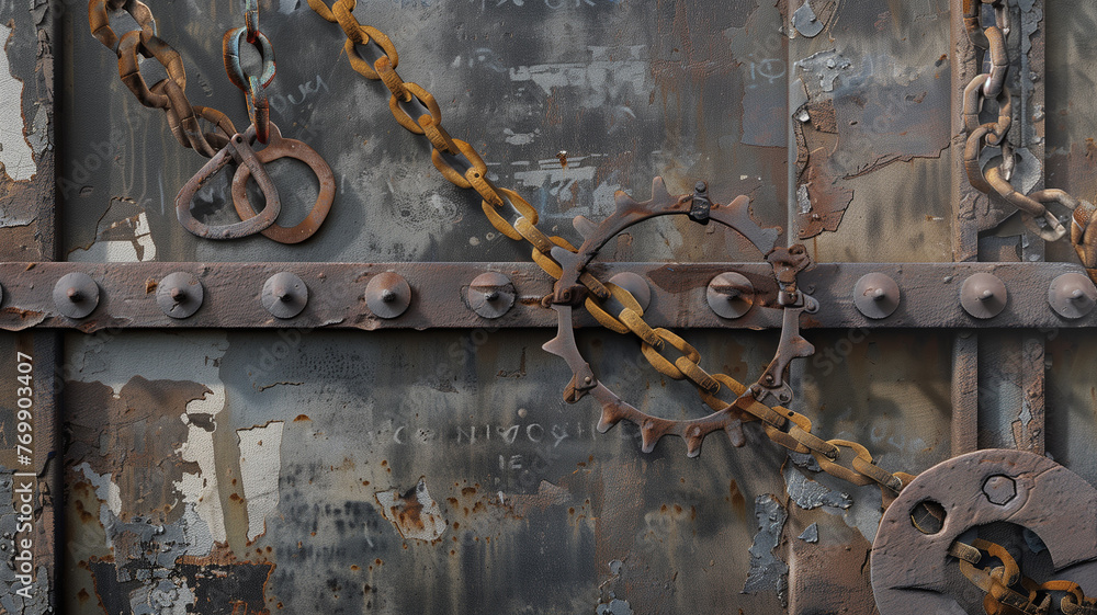 A weathered door or wall, with rusty chain and cogwheel, evoking a sense of abandonment and neglect.