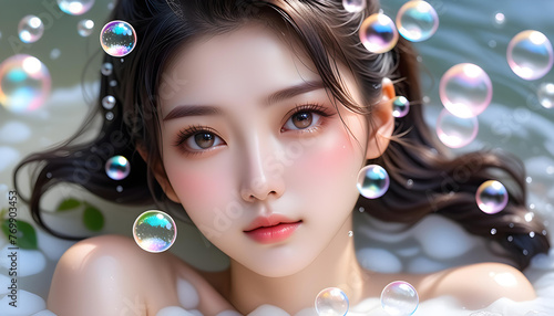 A beautiful and cute Asian girl model with clear and moist skin takes a bubble bath. Skin care, esthetics, spa, beauty images. 透明感と潤いのある肌の美しくてかわいいアジア人の女の子モデルが泡風呂に入る。スキンケア、エステ、スパ、美容イメージ。